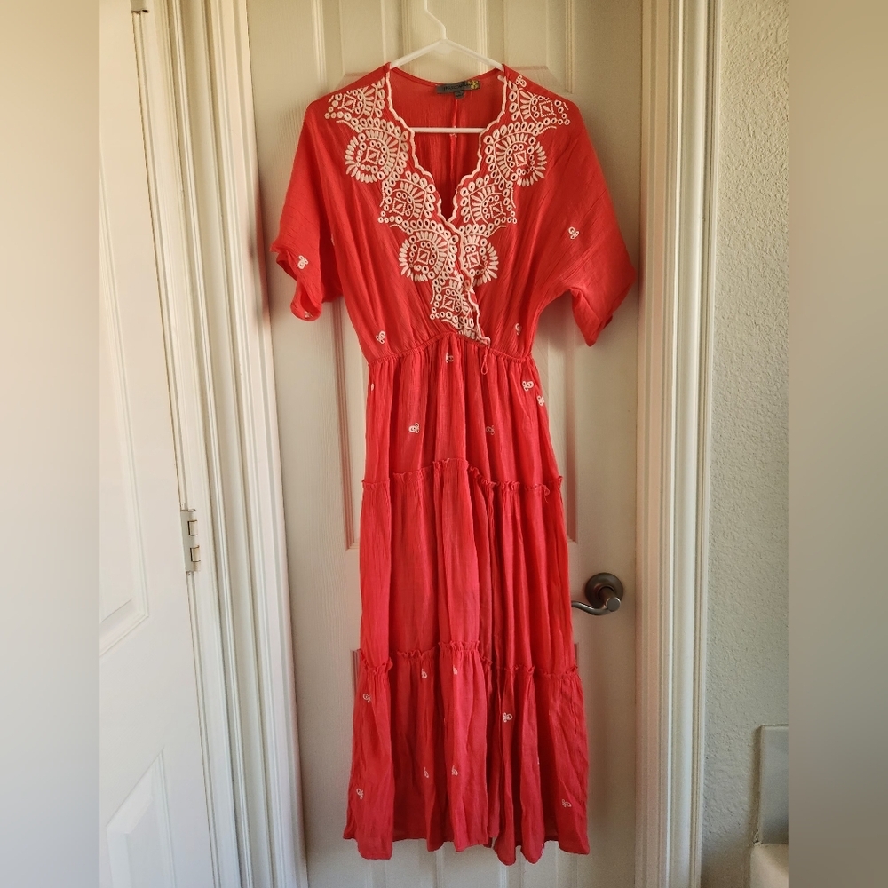 Figueroa & Flower Anthropologie Embroidered Boho Tiered Maxi Dress Size Small